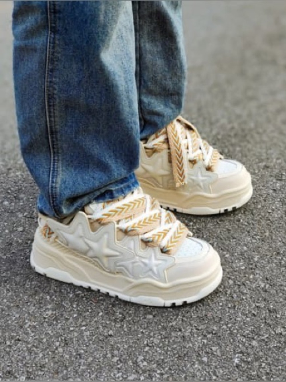 Cream Platform Star Sneakers with Yellow Chevron Laces